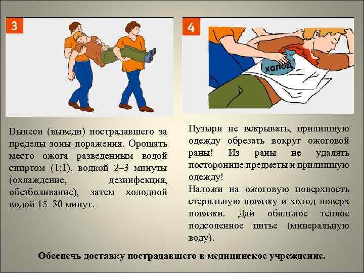 Вынеси (выведи) пострадавшего за пределы зоны поражения. Орошать место ожога разведенным водой спиртом (1: