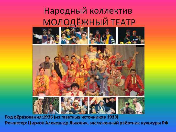 Народный коллектив МОЛОДЁЖНЫЙ ТЕАТР Год образования: 1936 (из газетных источников 1933) Режиссер: Цирков Александр