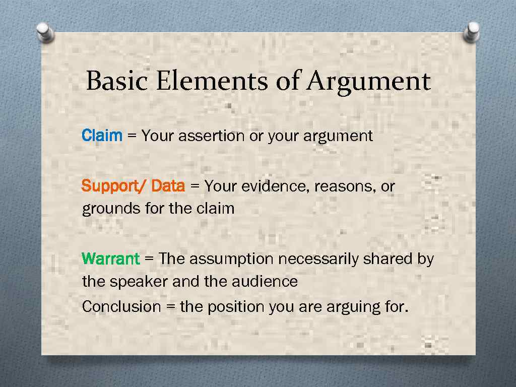 Basic Elements of Argument Claim = Your assertion or your argument Support/ Data =