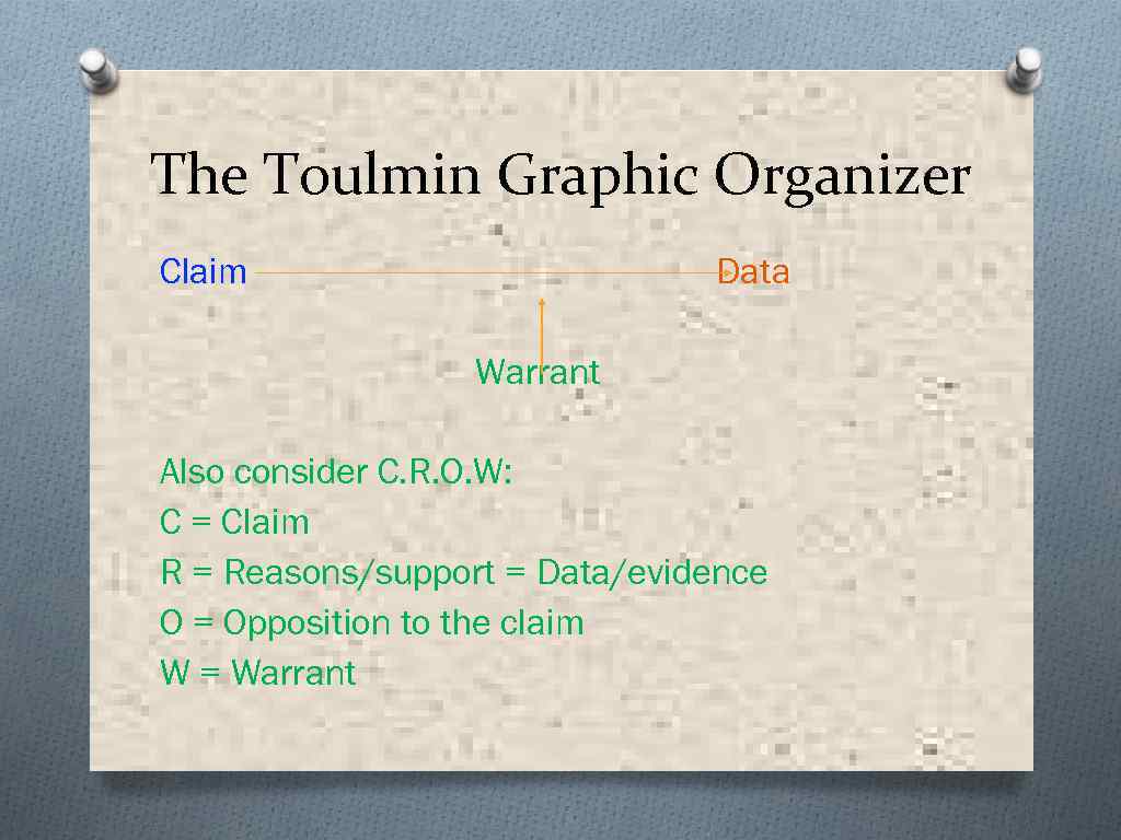 The Toulmin Graphic Organizer Claim Data Warrant Also consider C. R. O. W: C