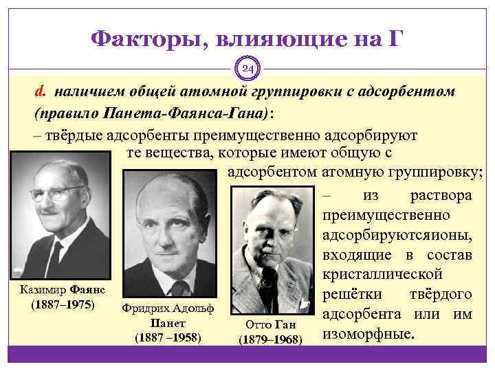 Факторы, влияющие на Г 24 d. наличием общей атомной группировки с адсорбентом (правило Панета-Фаянса-Гана):