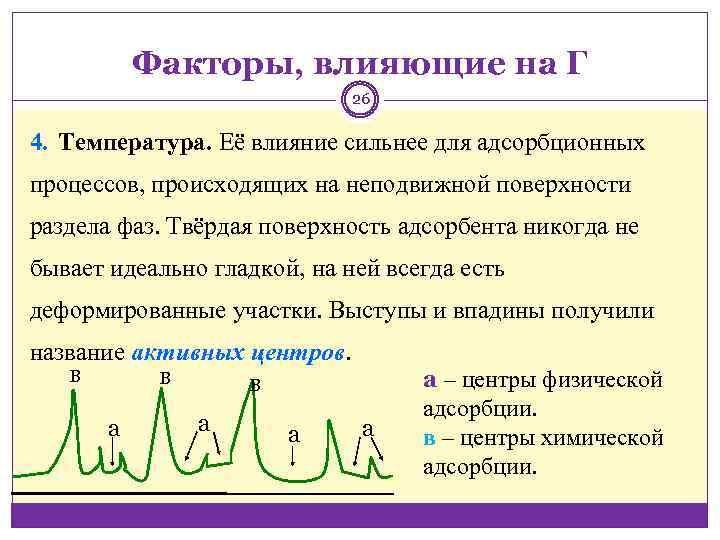 Факторы, влияющие на Г 26 4. Температура. Её влияние сильнее для адсорбционных процессов, происходящих