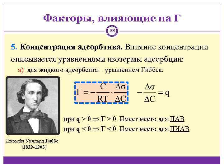 Факторы, влияющие на Г 28 5. Концентрация адсорбтива. Влияние концентрации описывается уравнениями изотермы адсорбции: