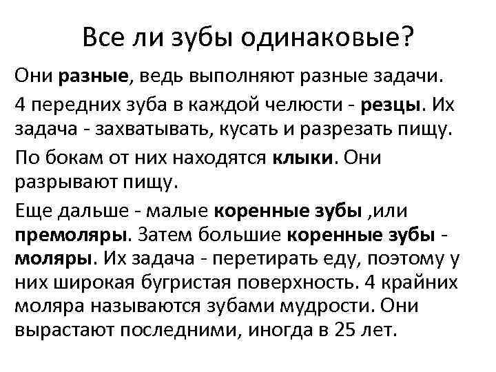 Все ли зубы одинаковые? Они разные, ведь выполняют разные задачи. 4 передних зуба в