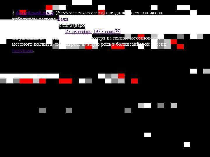 † Балийский тигр (PANTHERA TIGRIS BALICA) всегда водился только на небольшом острове Бали. Эти