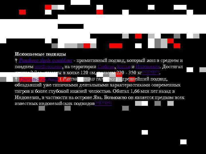 Ископаемые подвиды † Panthera tigris acutidens - примитивный подвид, который жил в среднем и