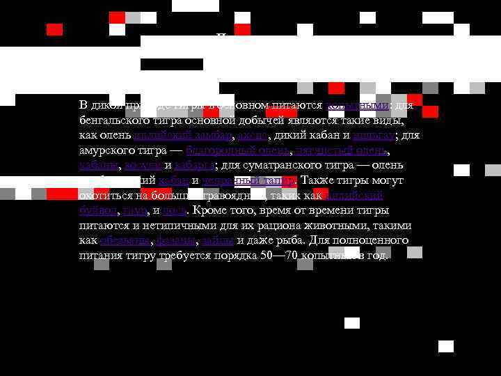 Питание В дикой природе тигры в основном питаются копытными: для бенгальского тигра основной добычей