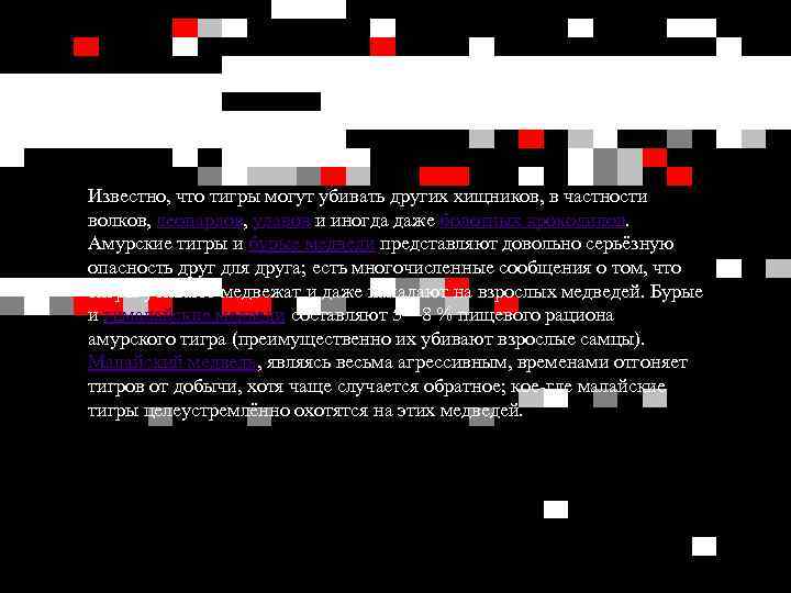 Известно, что тигры могут убивать других хищников, в частности волков, леопардов, удавов и иногда