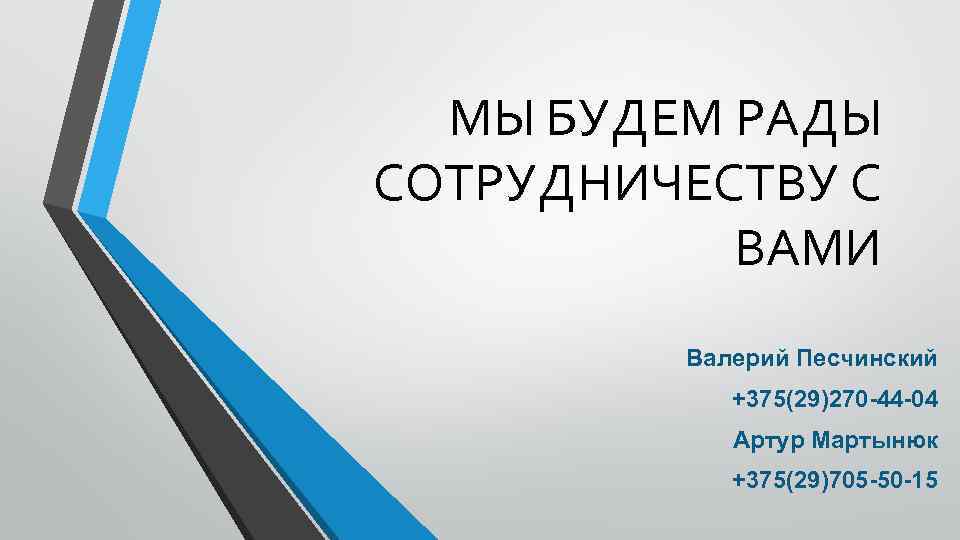 МЫ БУДЕМ РАДЫ СОТРУДНИЧЕСТВУ С ВАМИ Валерий Песчинский +375(29)270 -44 -04 Артур Мартынюк +375(29)705
