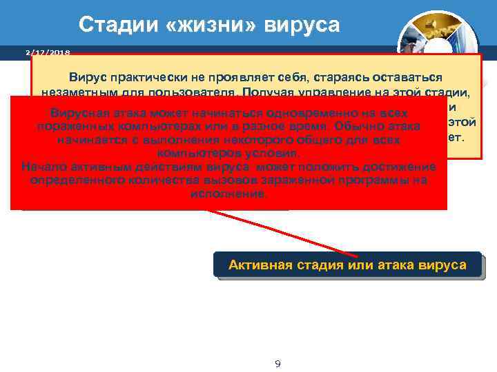 Стадии «жизни» вируса 2/17/2018 Вирус практически не проявляет себя, стараясь оставаться незаметным для пользователя.