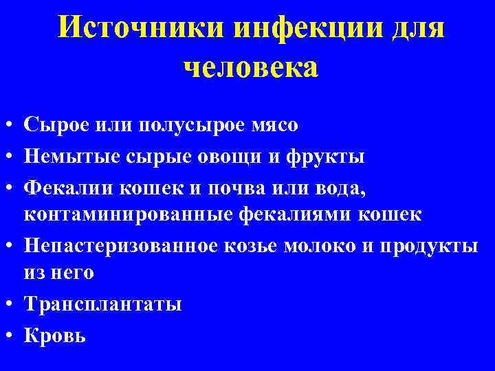 Источники инфекции для человека • Сырое или полусырое мясо • Немытые сырые овощи и