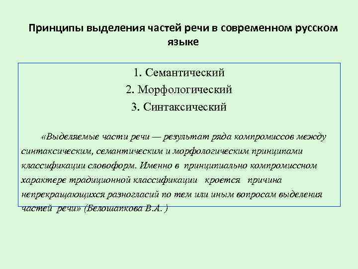 Принципы выделения частей речи в современном русском языке 1. Семантический 2. Морфологический 3. Синтаксический