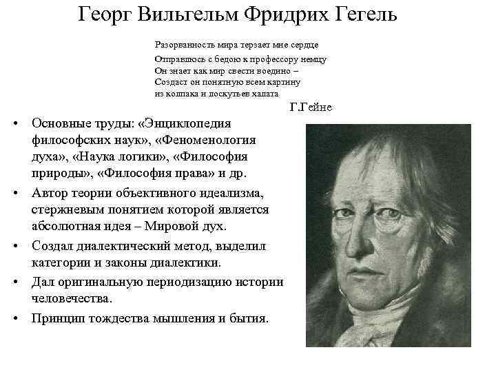 Георг Вильгельм Фридрих Гегель Разорванность мира терзает мне сердце Отправлюсь с бедою к профессору