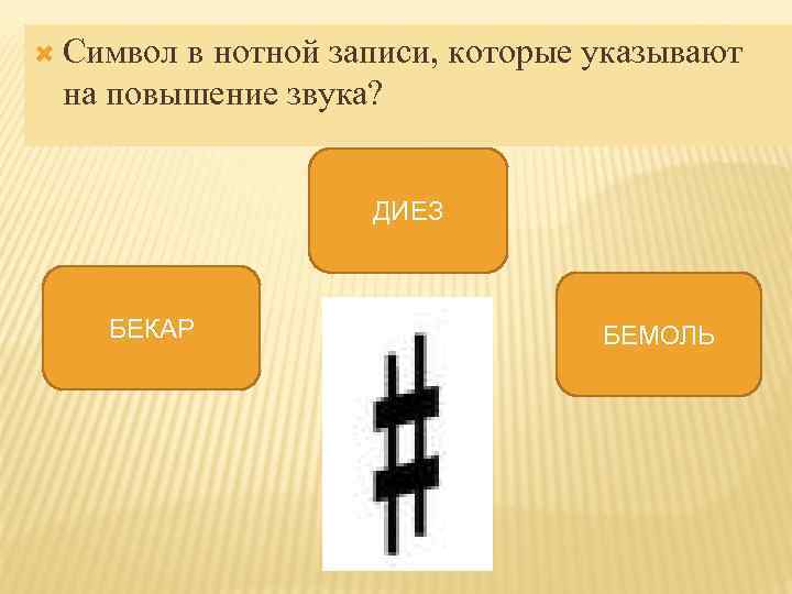  Символ в нотной записи, которые указывают на повышение звука? ДИЕЗ БЕКАР БЕМОЛЬ 