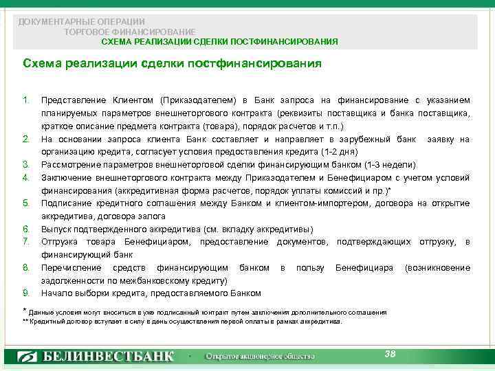 ДОКУМЕНТАРНЫЕ ОПЕРАЦИИ ТОРГОВОЕ ФИНАНСИРОВАНИЕ СХЕМА РЕАЛИЗАЦИИ СДЕЛКИ ПОСТФИНАНСИРОВАНИЯ Схема реализации сделки постфинансирования 1. 2.