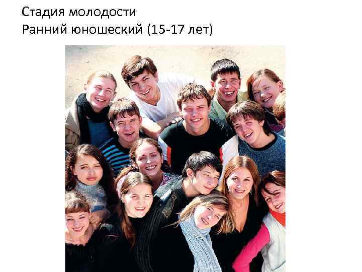 Стадия молодости Ранний юношеский (15 17 лет) 