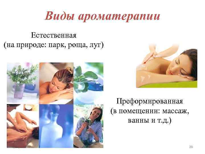Виды ароматерапии Естественная (на природе: парк, роща, луг) Преформированная (в помещении: массаж, ванны и