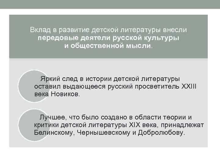 Вклад в развитие детской литературы внесли передовые деятели русской культуры и общественной мысли. Яркий
