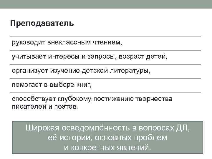 Преподаватель руководит внеклассным чтением, учитывает интересы и запросы, возраст детей, организует изучение детской литературы,