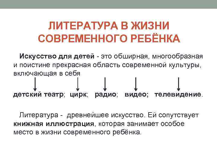 ЛИТЕРАТУРА В ЖИЗНИ СОВРЕМЕННОГО РЕБЁНКА Искусство для детей - это обширная, многообразная и поистине