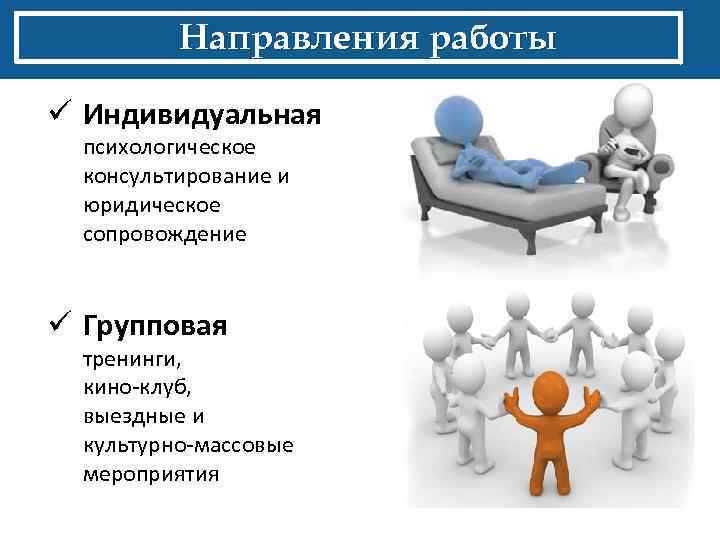 Направления работы ü Индивидуальная психологическое консультирование и юридическое сопровождение ü Групповая тренинги, кино-клуб, выездные