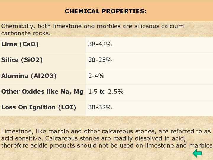 CHEMICAL PROPERTIES: Chemically, both limestone and marbles are siliceous calcium carbonate rocks. Lime (Ca.