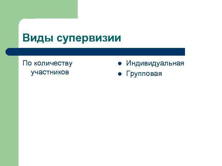 Виды супервизии По количеству участников l l Индивидуальная Групповая 