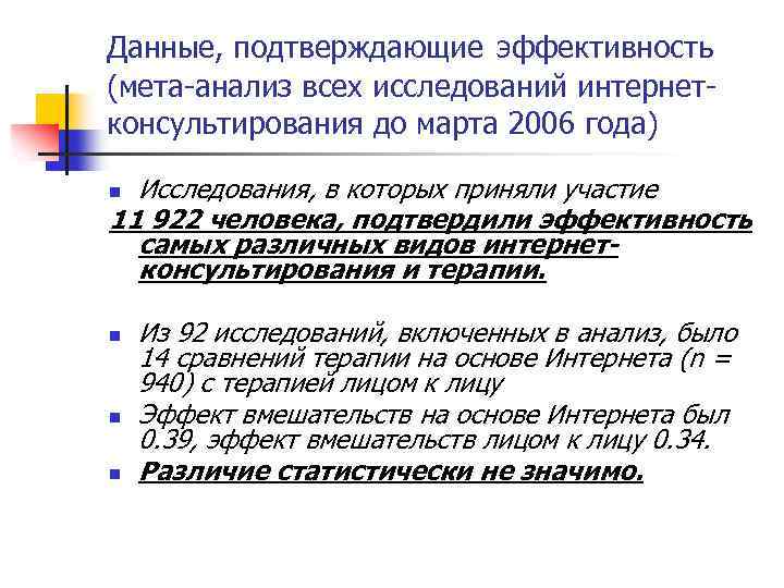 Данные, подтверждающие эффективность (мета-анализ всех исследований интернетконсультирования до марта 2006 года) Исследования, в которых