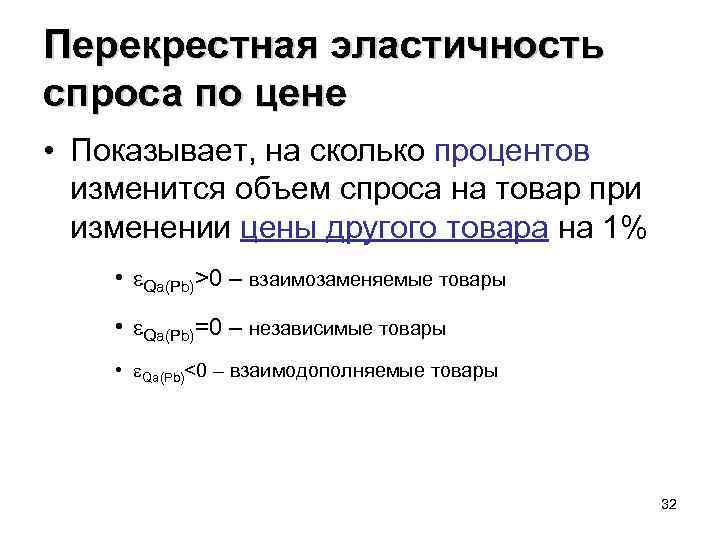 Перекрестная эластичность спроса по цене • Показывает, на сколько процентов изменится объем спроса на