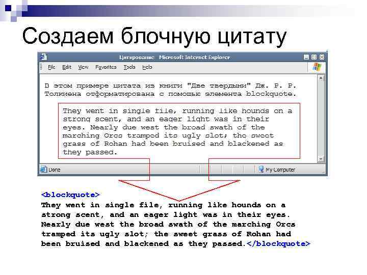 Создаем блочную цитату <blockquote> They went in single file, running like hounds on a