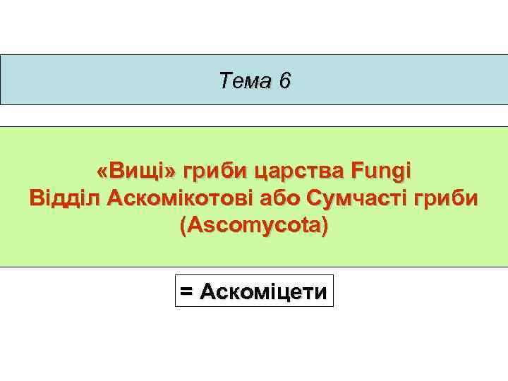 Тема 6 «Вищі» гриби царства Fungi Відділ Аскомікотові або Сумчасті гриби (Ascomycota) = Аскоміцети