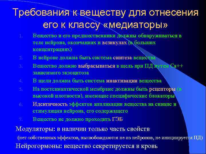 Требования к веществу для отнесения его к классу «медиаторы» 1. 2. 3. 4. 5.