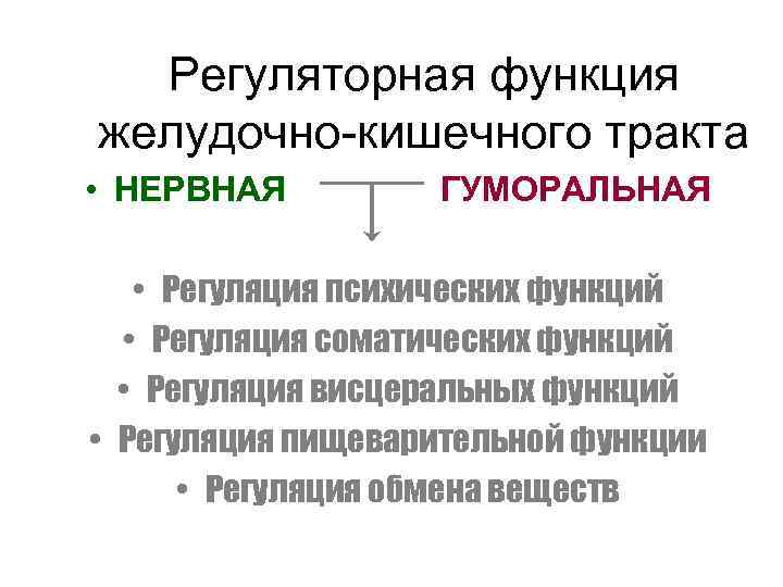 Регуляторная функция желудочно-кишечного тракта • НЕРВНАЯ ГУМОРАЛЬНАЯ • Регуляция психических функций • Регуляция соматических