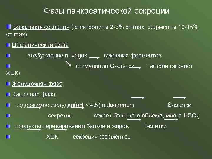 Фазы панкреатической секреции Базальная секреция (электролиты 2 -3% от max; ферменты 10 -15% от