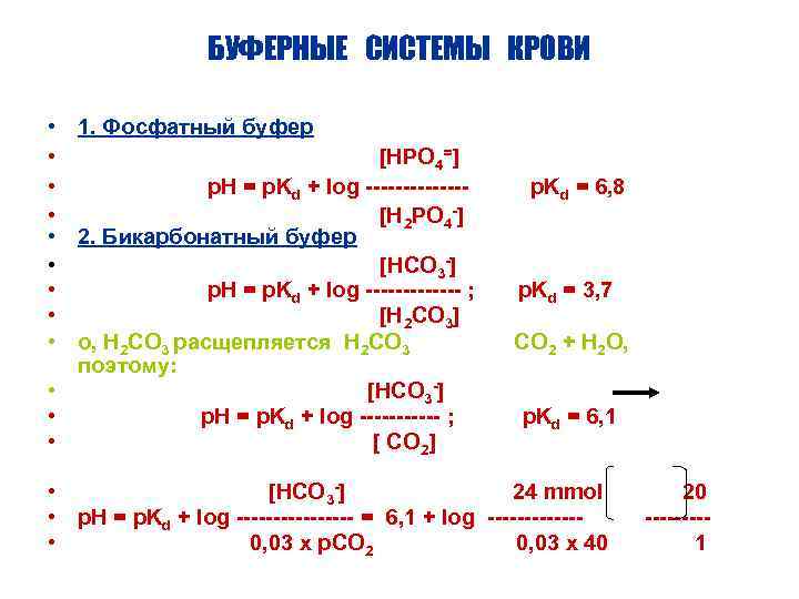 БУФЕРНЫЕ СИСТЕМЫ КРОВИ • 1. Фосфатный буфер • [HPO 4=] • p. H =