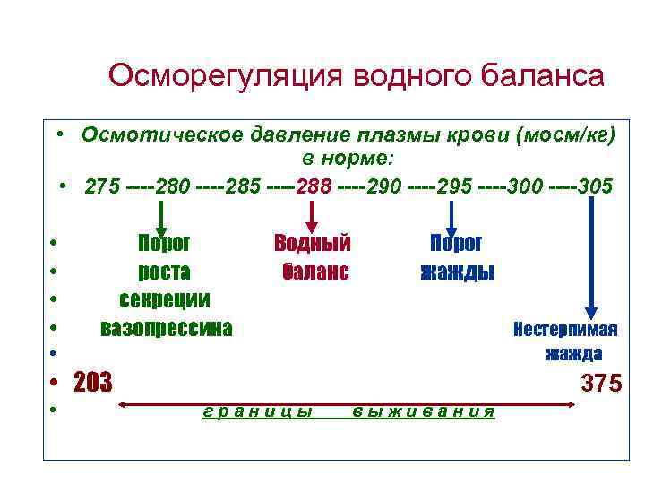 Осморегуляция водного баланса • Осмотическое давление плазмы крови (мосм/кг) в норме: • 275 ----280