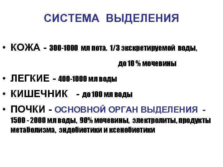 СИСТЕМА ВЫДЕЛЕНИЯ • КОЖА - 300 -1000 мл пота. 1/3 экскретируемой воды, до 10