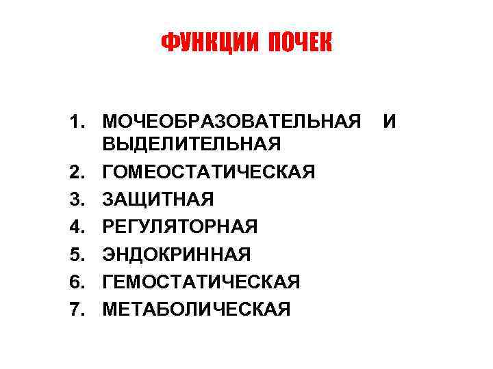 ФУНКЦИИ ПОЧЕК 1. МОЧЕОБРАЗОВАТЕЛЬНАЯ ВЫДЕЛИТЕЛЬНАЯ 2. ГОМЕОСТАТИЧЕСКАЯ 3. ЗАЩИТНАЯ 4. РЕГУЛЯТОРНАЯ 5. ЭНДОКРИННАЯ 6.