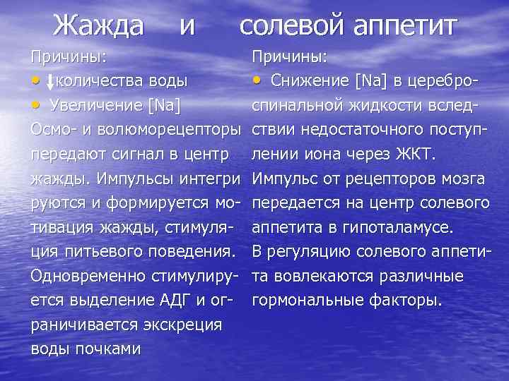 Жажда и солевой аппетит Причины: • количества воды • Увеличение [Na] Осмо- и волюморецепторы