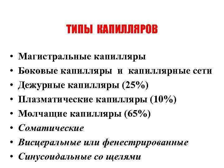 ТИПЫ КАПИЛЛЯРОВ • • Магистральные капилляры Боковые капилляры и капиллярные сети Дежурные капилляры (25%)