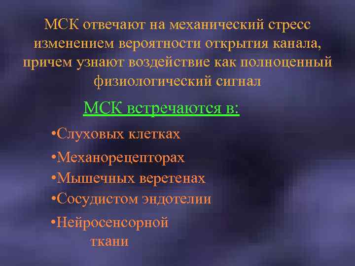 МСК отвечают на механический стресс изменением вероятности открытия канала, причем узнают воздействие как полноценный