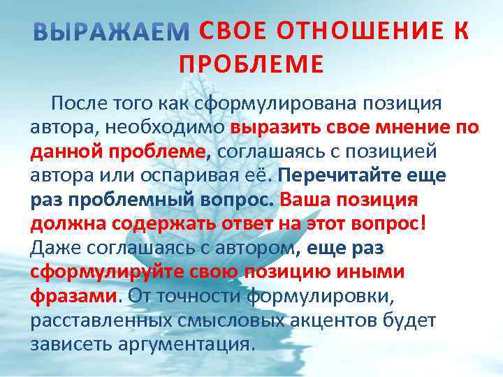 СВОЕ ОТНОШЕНИЕ К ПРОБЛЕМЕ После того как сформулирована позиция автора, необходимо выразить свое мнение