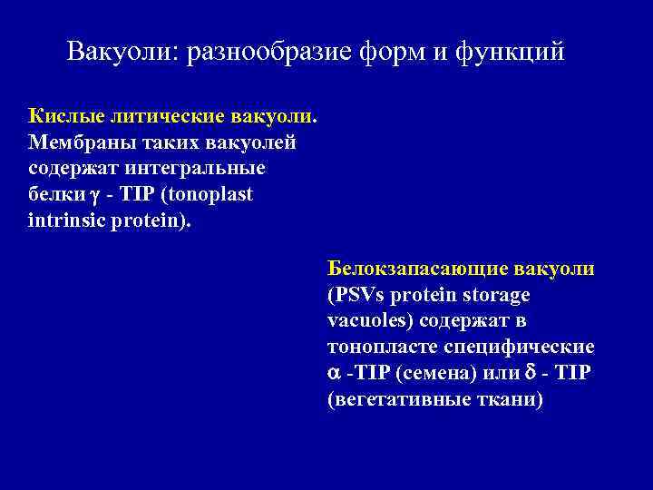 Вакуоли: разнообразие форм и функций Кислые литические вакуоли. Мембраны таких вакуолей содержат интегральные белки