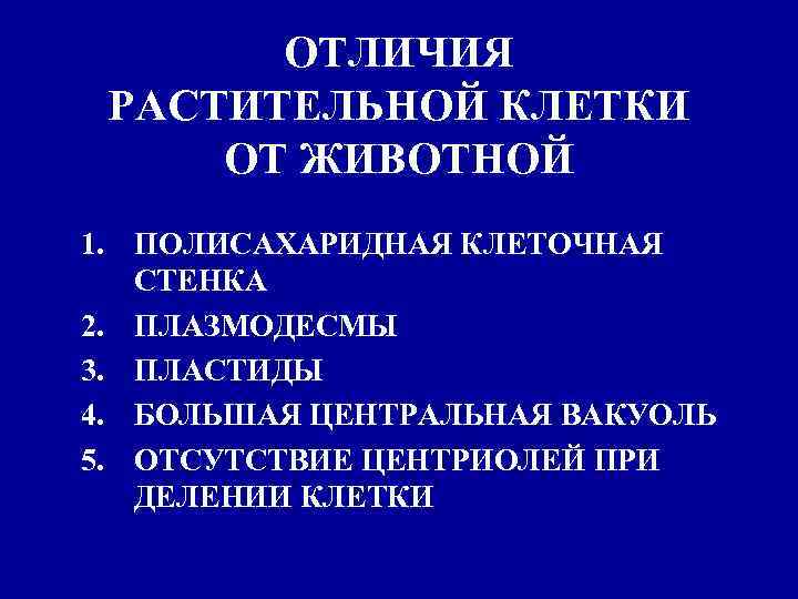 ОТЛИЧИЯ РАСТИТЕЛЬНОЙ КЛЕТКИ ОТ ЖИВОТНОЙ 1. ПОЛИСАХАРИДНАЯ КЛЕТОЧНАЯ СТЕНКА 2. ПЛАЗМОДЕСМЫ 3. ПЛАСТИДЫ 4.