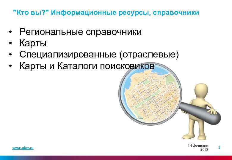 "Кто вы? " Информационные ресурсы, справочники • • Региональные справочники Карты Специализированные (отраслевые) Карты