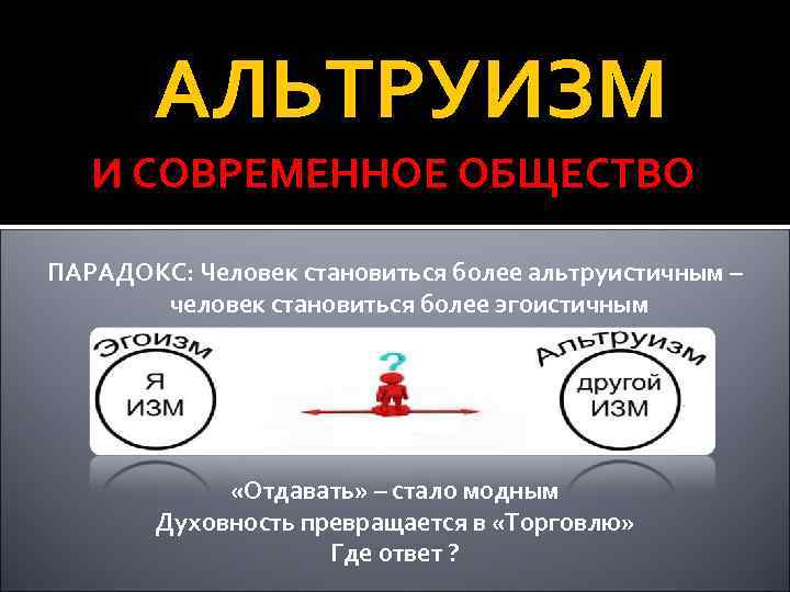 АЛЬТРУИЗМ И СОВРЕМЕННОЕ ОБЩЕСТВО ПАРАДОКС: Человек становиться более альтруистичным – человек становиться более эгоистичным