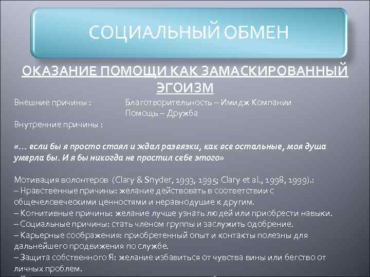 ОКАЗАНИЕ ПОМОЩИ КАК ЗАМАСКИРОВАННЫЙ ЭГОИЗМ Внешние причины : Внутренние причины : Благотворительность – Имидж