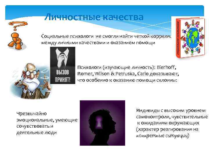 Личностные качества Социальные психологи не смогли найти четкой корреляции между личными качествами и оказанием