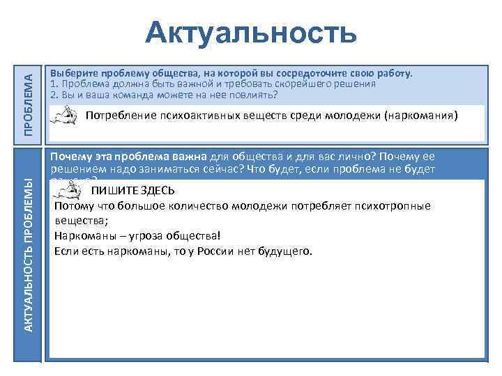 АКТУАЛЬНОСТЬ ПРОБЛЕМЫ ПРОБЛЕМА Актуальность Выберите проблему общества, на которой вы сосредоточите свою работу. 1.