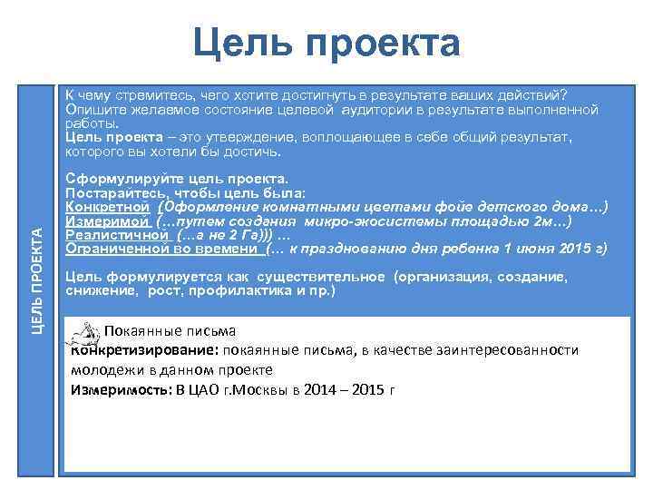Цель проекта ЦЕЛЬ ПРОЕКТА К чему стремитесь, чего хотите достигнуть в результате ваших действий?